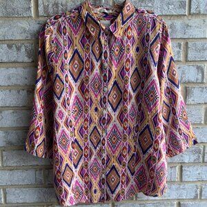Chico's 3/4 Sleeve Front/Back Button Collared Linen IKat No-Iron Shirt Size 1(M)